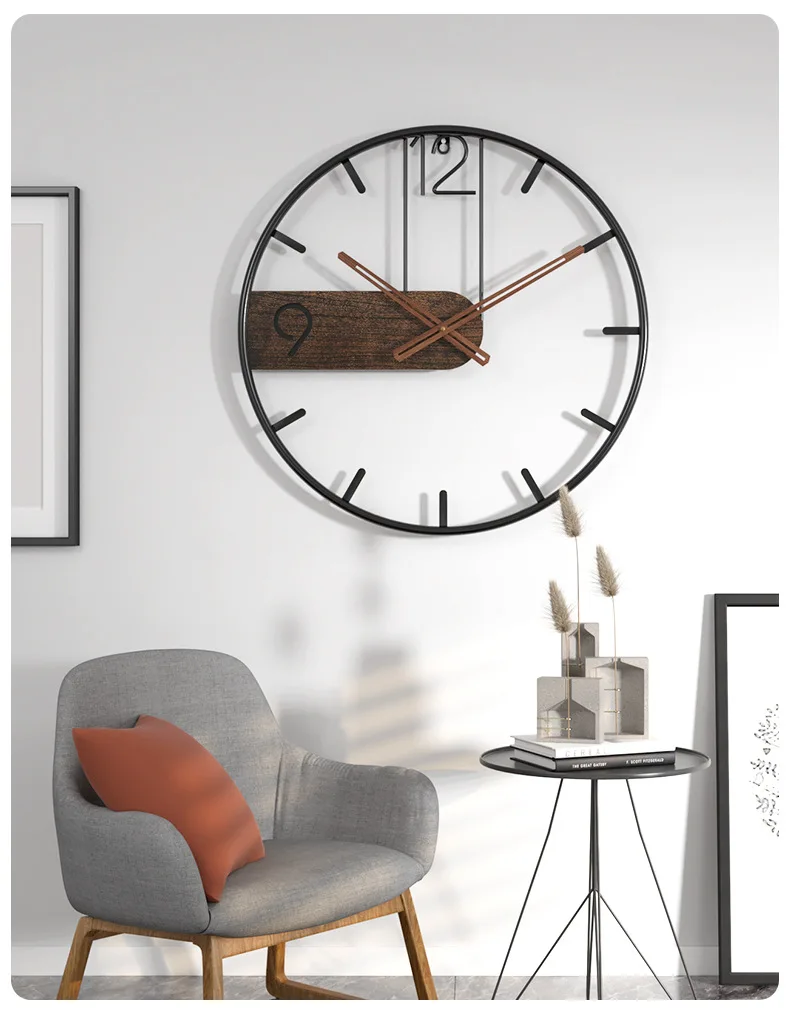 Iron Wall Clock Big Size 3D Nordic Metal Round Large Wall Watch Walnut Pionter Modern Clocks Decoration for Home Living Room