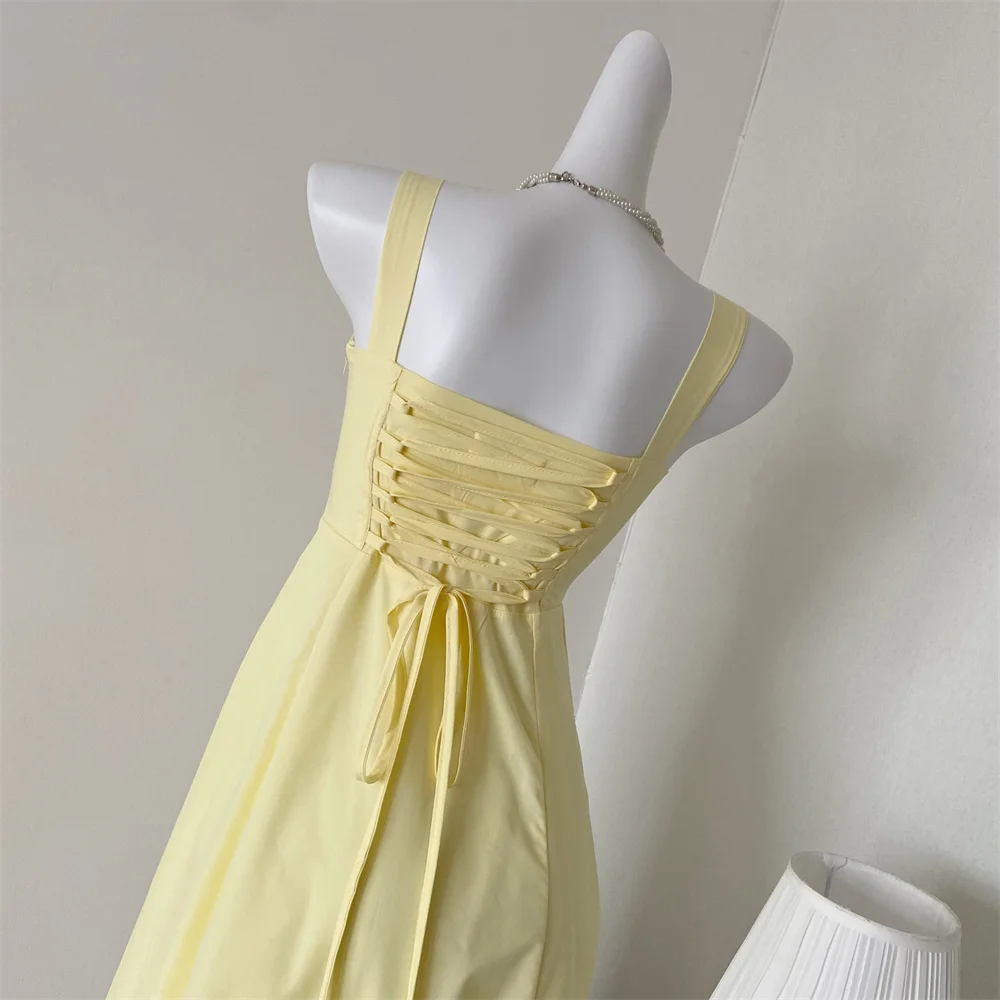 French Vintage Strap Birthday Party Dress High Split Lace-up Summer Off Shoulder A-line Sleeveless Prom Robe Solid Vestido Mujer