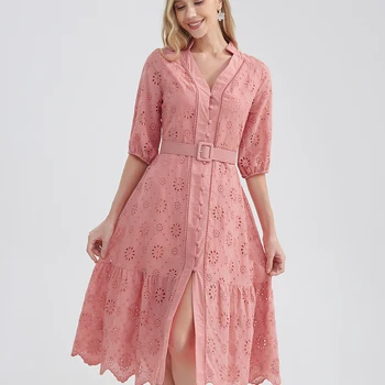 Marwin Cotton Hollow Out Summer Dress Women Holiday Perppy Casual High Waist Ruffled Mini V-Neck Dresses A-line Frills Vestido