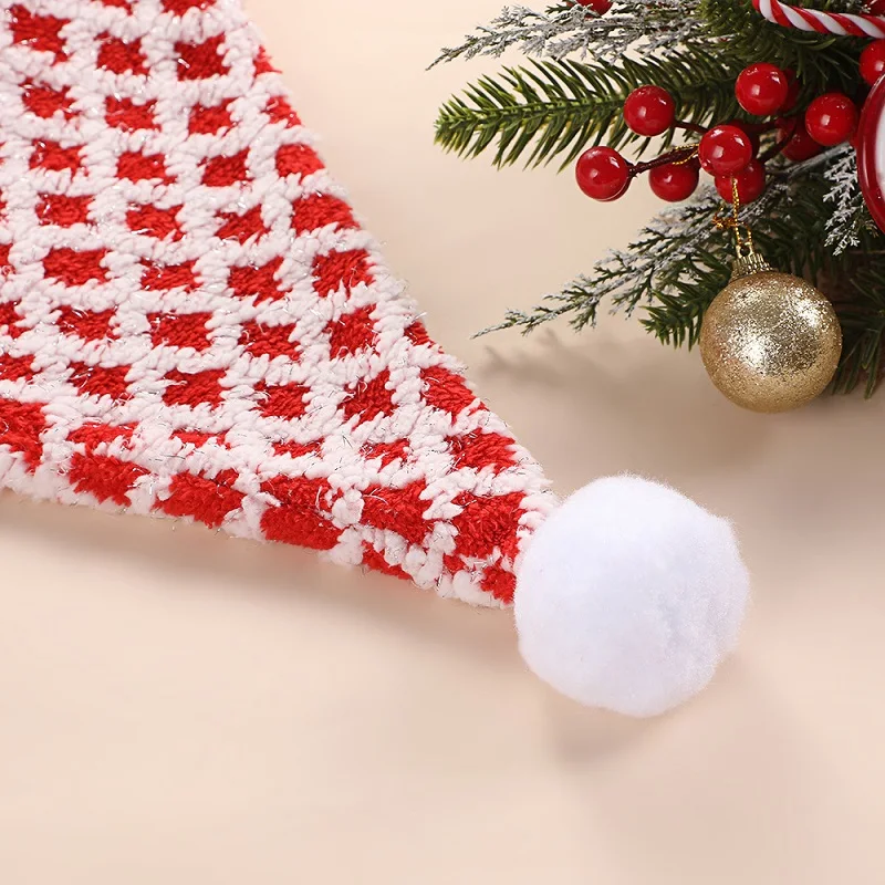Knitted Grid Christmas Hat Santa Claus Xmas Adult Child Soft Beanie Santa Cap New Year Party Decoration ﻿