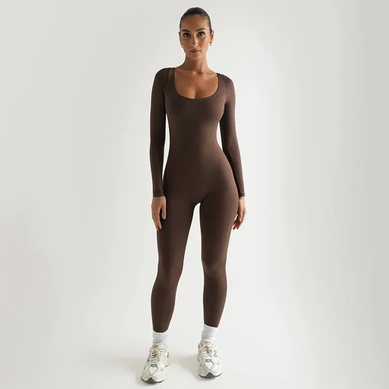 Women Square Neck Sexy Bodycon Skim Playsuit Female Autumn Winter Solid Color Long Sleeve Warm Yoga Jumpsuit women s jumpsuit autumn and winter new product threaded square neck lifting buttocks slim fit sexy jumpsuit