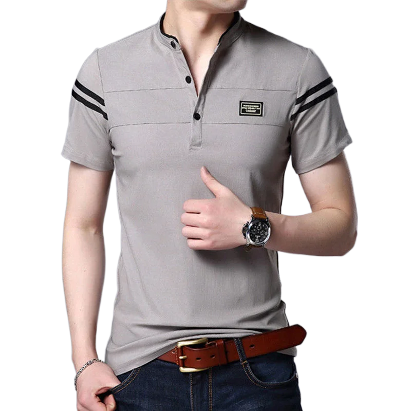 SHIONFA 여름 남성용 반팔 티셔츠, 슬림 스탠드 칼라 폴로 셔츠, 얇은 풀오버, 캐주얼 패스터 데코 의류, 한국 스타일