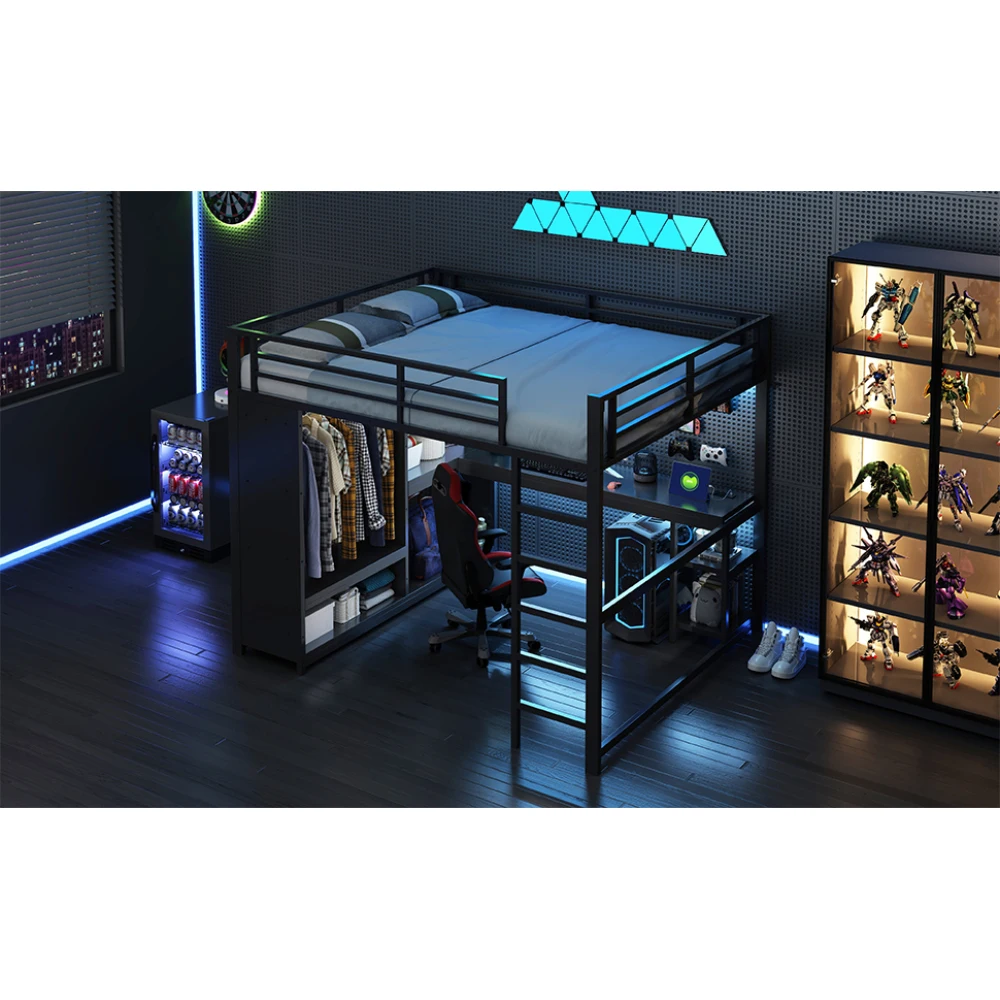 Metall-Gaming-Hochbett mit LED und Schreibtisch Modernes Kinder-Etagenbett mit Offenem Kleiderschrank Aufbewahrungsboxen Schwarz Ideal für Kinderschlaf und -spiel – Detail 30