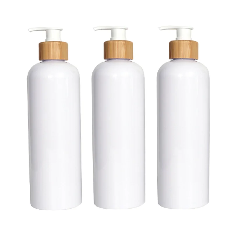 

Plastic Bottle Packing Empty Round Shoudler PET 500ML 12Pcs Wood Collar Lotion Pump Packaging Container Refillable Bottles