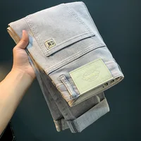 2024 NEW Summer Thin Men's Jeans 2024 New Smoky Gray Slim Fashion Korean Style Printed Mid Waist Casual Men's Trousers 1