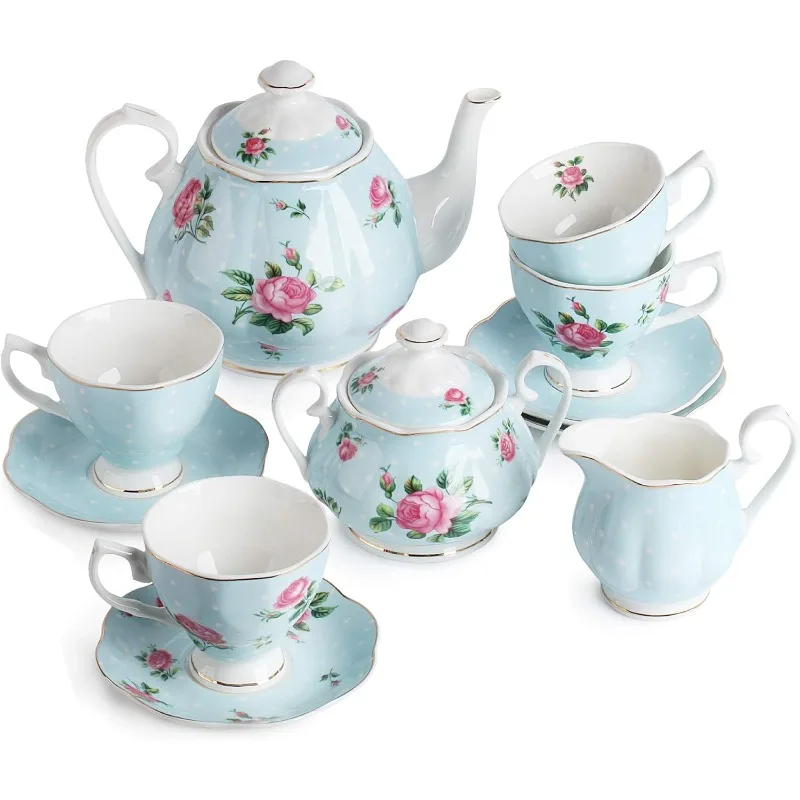 BTaT- Floral Tea Set, Tea Cups (8oz), Pot (38oz), Creamer and Sugar Set, Gift Box, Sets for Women, Cups