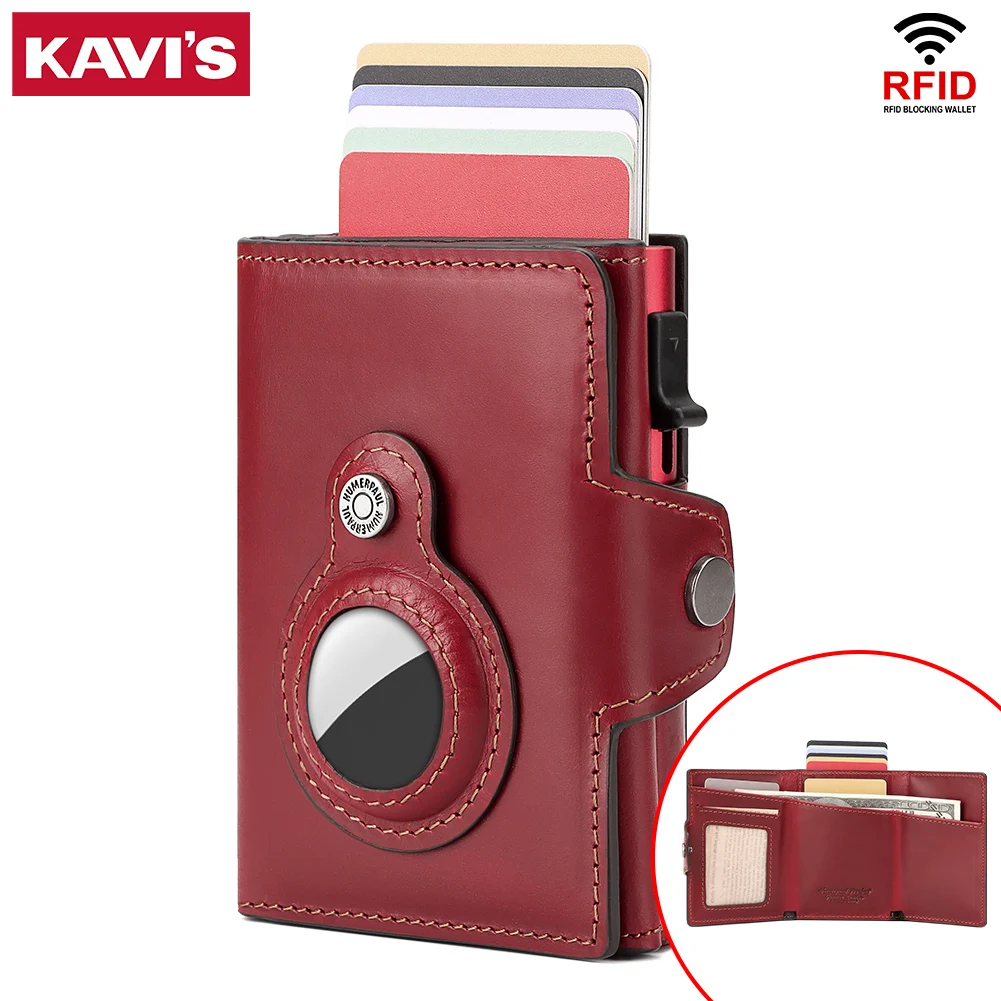 New Anti-lost AirTag Card Holder Automatic RFID Blocking Credit Card Case Genuine Leather Travel Women's Wallet with Money Clip