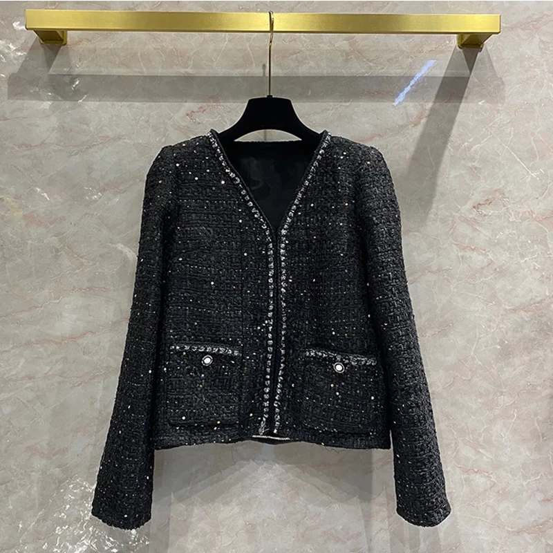 

Designer Luxury Sequined Jaqueta Feminina 2022 Winter Brand Elegant V-neck Short Tweed Jackets for Women High Quality Wool Coat