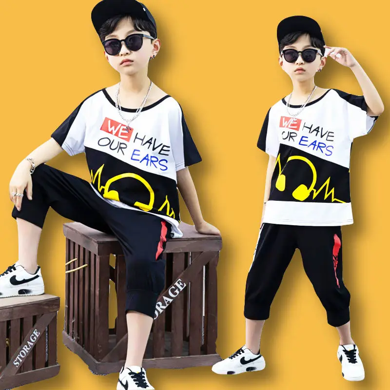 

Boys Summer Short Sleeve Clothing Set 2023 New Fashion O-Neck Patchwork Letters Print Two Pieces Sport Suits Teenager Clothes