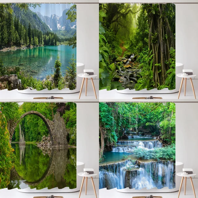 คุณภาพสูงภูมิทัศน์ธรรมชาติ Rain Forest ผ้าม่านผ้าม่านอาบน้ํากันน้ําสําหรับห้องน้ําตกแต่งด้วยตะขอ 1