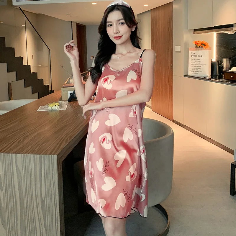 Women Nightgowns with Padded Bra Sexy Satin Silk Nightwear Print Sleepwear Dress Lingerie Sleepdress Mini Homedress Nightdress