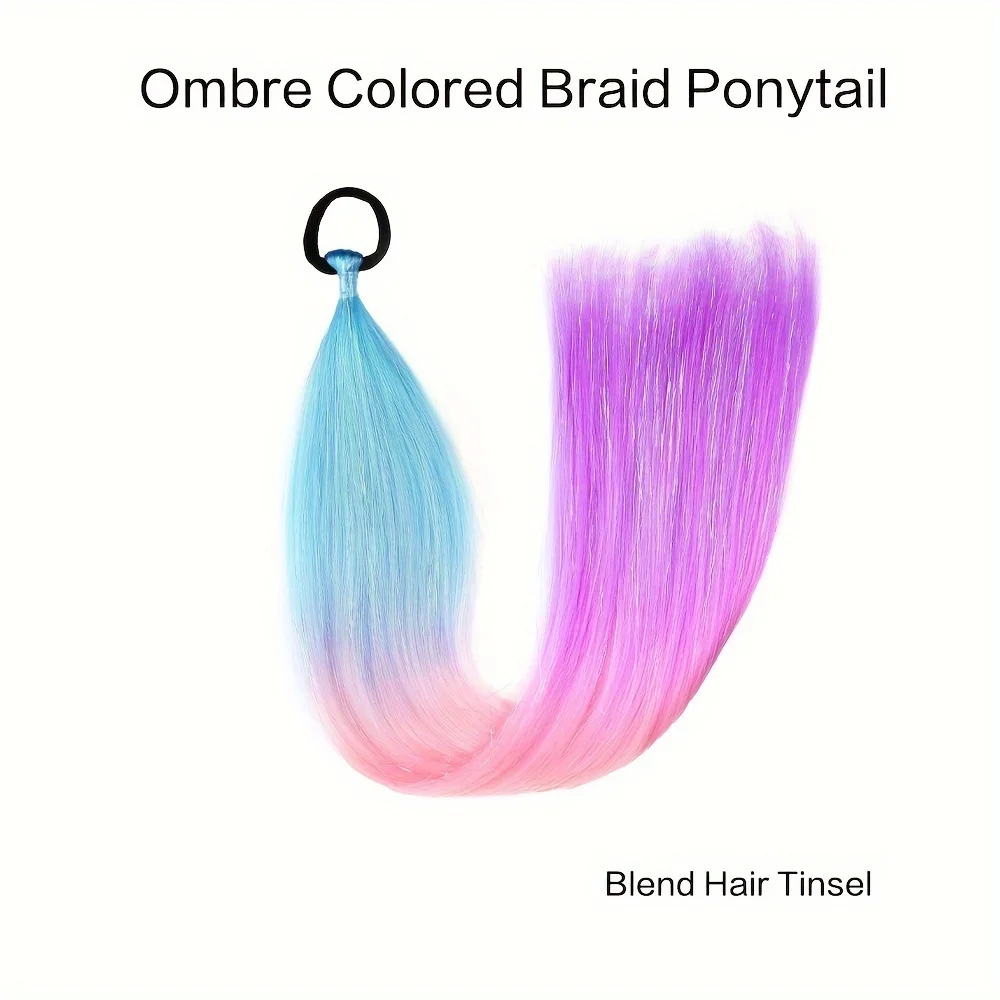 Extensões de cabelo coloridas para mulheres, Ombre Braid Ponytail, Blend Hair Tinsel com Hair Tie, Crazy Day Acessórios para meninas