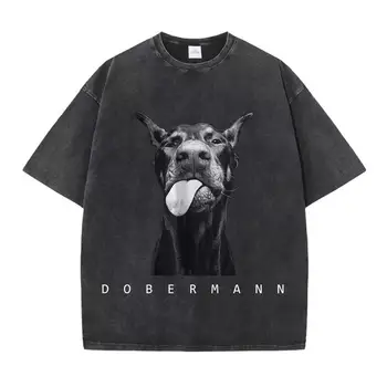 Womans Cotton Washed T-Shirts Fashion Creativity Doberman Printing Short Sleeve O-Neck Loose Distressed Street Female Clothes 1