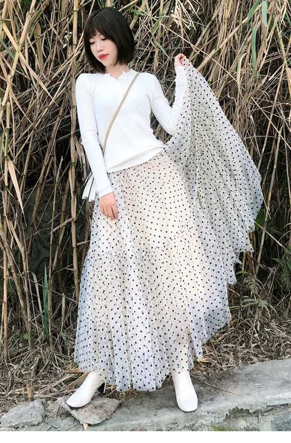 Gonna Lunga Chiffon Donna Con Elastico In Vita - Maxi Gonna A Pieghe Pois Per Estate E Spiaggia - Foto 4