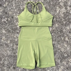 Solid Color Women's Athletic 2-Piece Yoga Set - Cross Back Sports Bra & Short Leggings - S (Matcha green set)