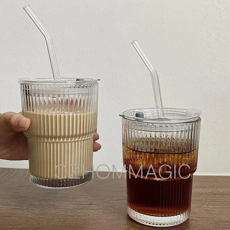 Clear Glass Takeout Cup With Lid and Straw, Ribbed Ice Coffee