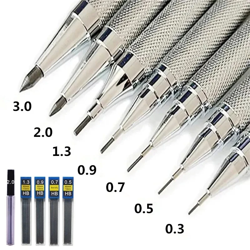 Metal Mechanical Pencil Set 0.3 0.5 0.7 0.9 1.3 2.0mm for Drawing Writing