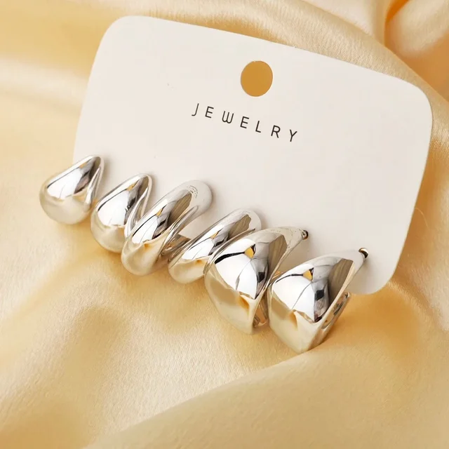 6pcs Chunky Gold Plated Waterdrop Hoop Earrings For Women Minimalist Smooth Thick Circle Drop Earring Lightweight Party Jewelry 6