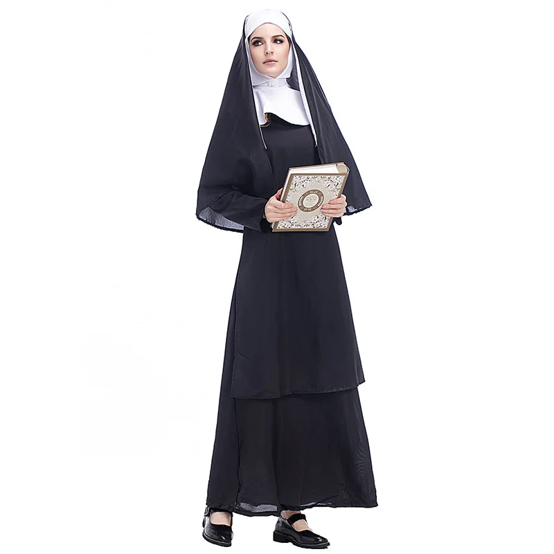 Nun Sister Habit Costume Halloween Women Christian Missionary Catholic Cosplay Carnival Fantasia Fancy Dress Balck Long Dress