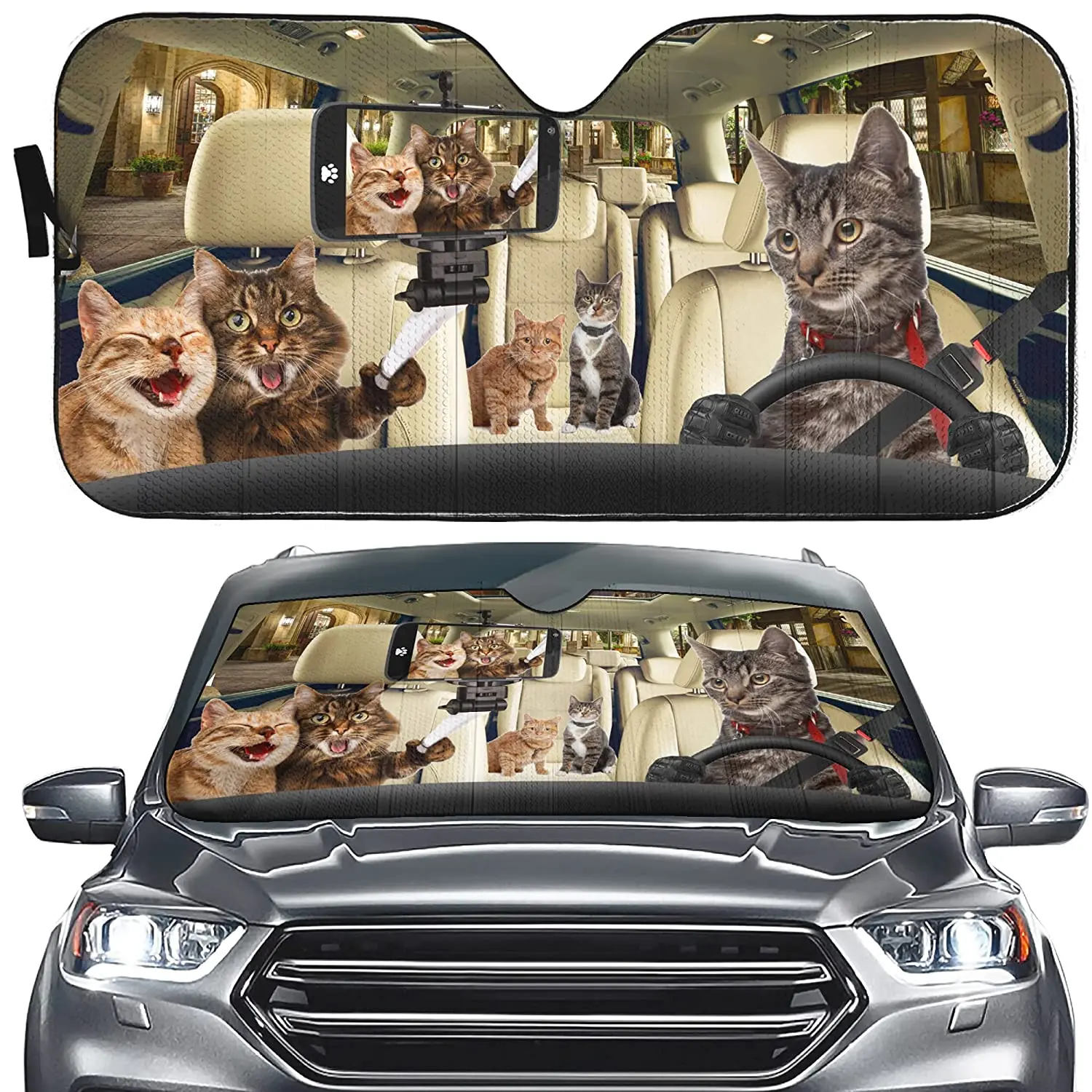 

Selfie Cat Couple Sunshade Tabby Cat Driver Windshield Sun Shade for Car, Funny Amazing Pet Cat Auto Front Window Shade Visor Co