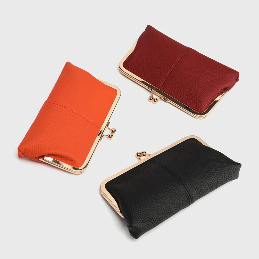 Genuine Leather Women Clutch Purse Fashion Vintage Kiss Lock Wallet Double Clip Travel Wallet Key Card Storage Bag