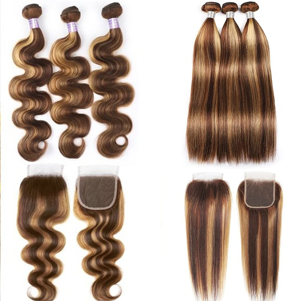 

Highlight Body Wave Bundles With Closure Brazilian Straight Hair Extensions With 4x4 Lace Closure 220g/Set Human Hair Bundles