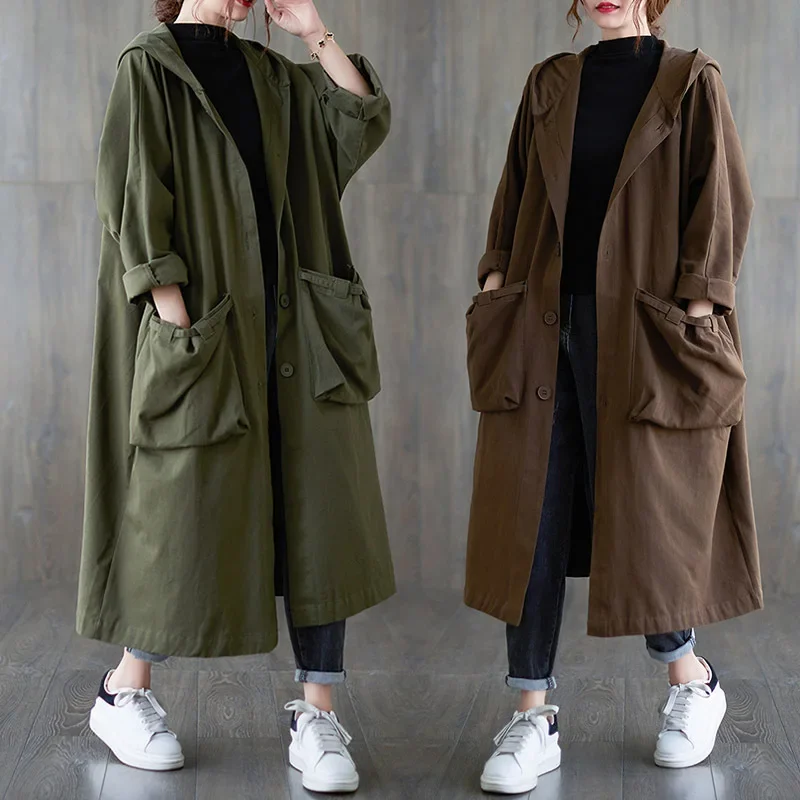 

Women's Trench Coat 2023 Spring Autumn New Outerwear Hooded Pockets Loose Casual Women Clothing Vintage Windbreakers Jackets