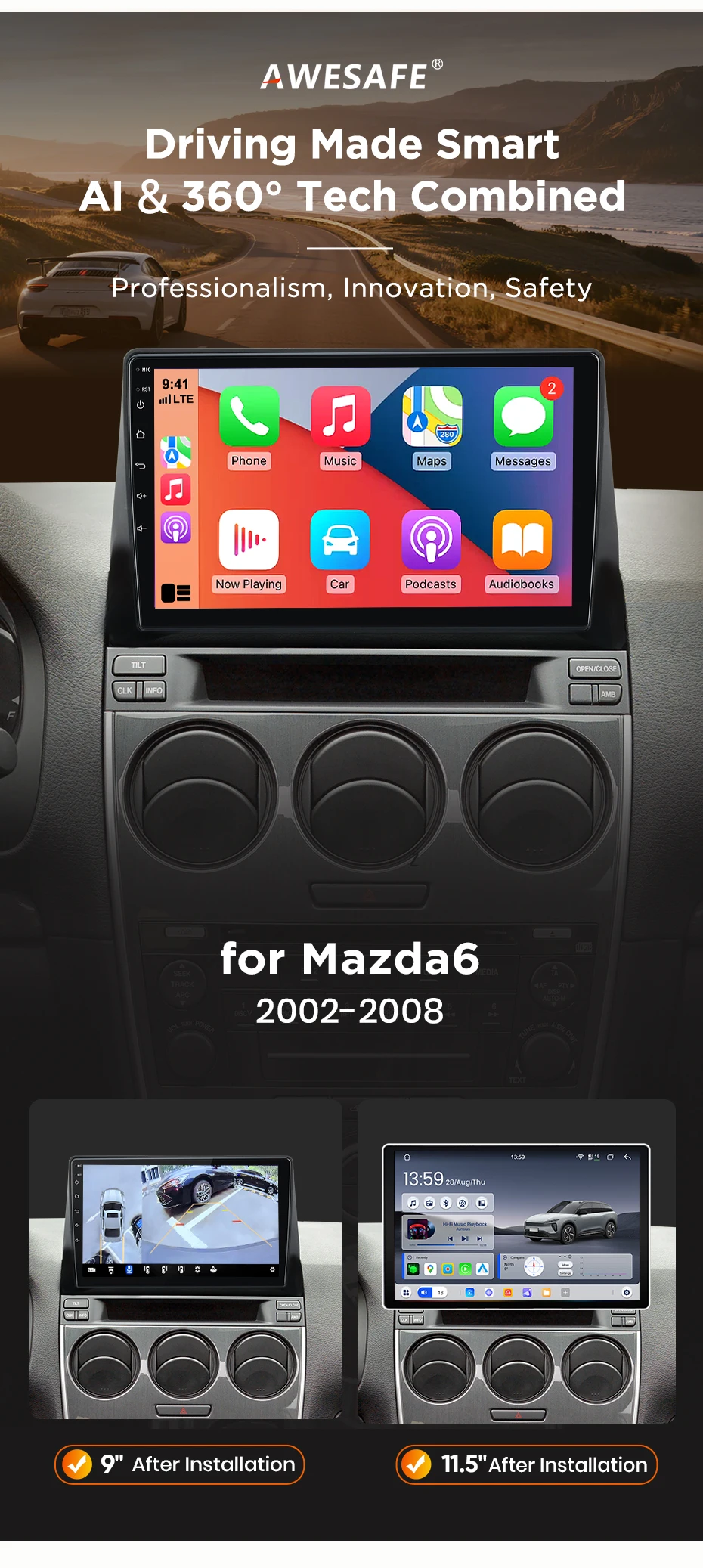 AWESAFE 10-Zoll-Android-Radio für Mazda 6 2002 - 2008, kabelloses CarPlay & Android Auto, GPS-Navigation, Multimedia, Unterstützung für Lenkradsteuerung, Subwoofer, Verstärker, Rückfahrkamera, EU Plug-and-Play, DAB+ Digital-Autoradio, 2-DIN-Autoradio, Stereo, RDS, DSP, FM, WIFI, 4G – Detail 2