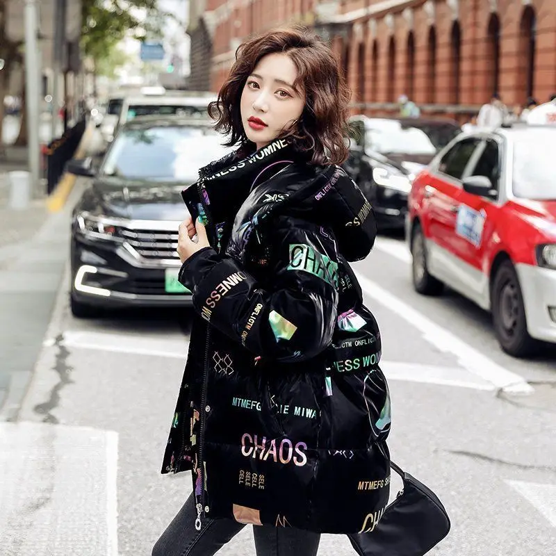 2023 New Women Down Cotton Coat Winter Jacket Female Mid Length Version Glossy Parkas Thick Loose Outwear Printing Overcoat