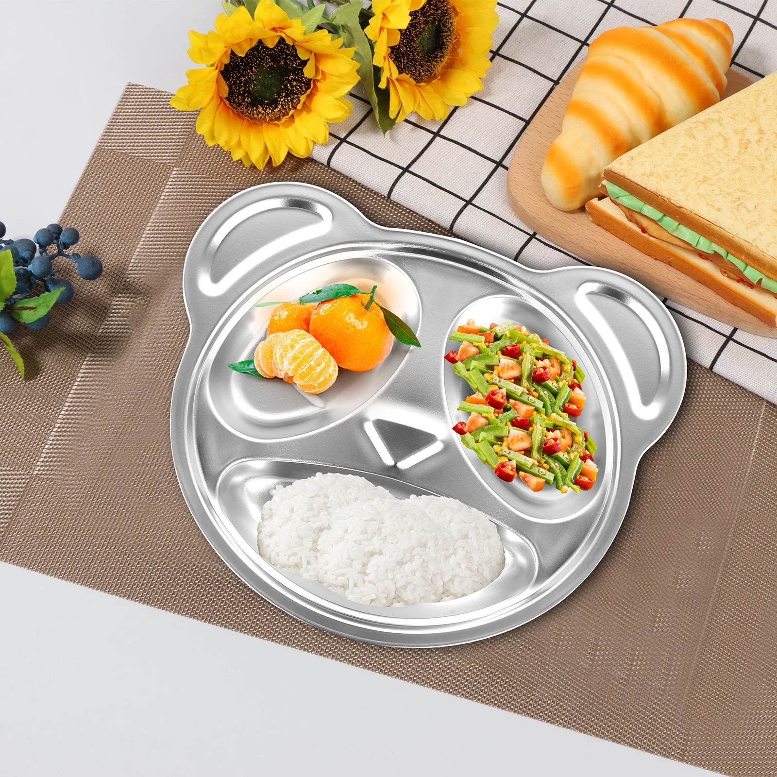 3Pcs Stainless Steel Divided Plates for Adults Kids 3 Sections Lovely Panda Shape Divided Plates Dishwasher Safe Metal
