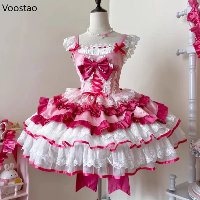 Lolita Dress Japanese Sweet Lolita Jsk Dress Women Kawaii Lace Ruffles Bow Bandage Slim Princess Dresses Girls Y2k Cute Tea Party Mini Dress Lolita Suspender Dress Lolita Cosplay Costumes