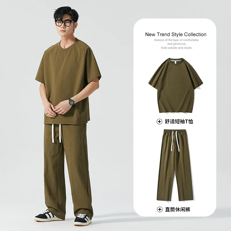 남성용 얇은 애슬레저 심플 세트, 루즈한 반팔 스트레이트 스웻팬츠, 학생 단색 투피스 세트, 2024 여름