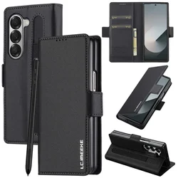 Premium Magnetic Flip Leather Wallet Phone Case with Card Holder for Samsung Z Fold 7 (Black)