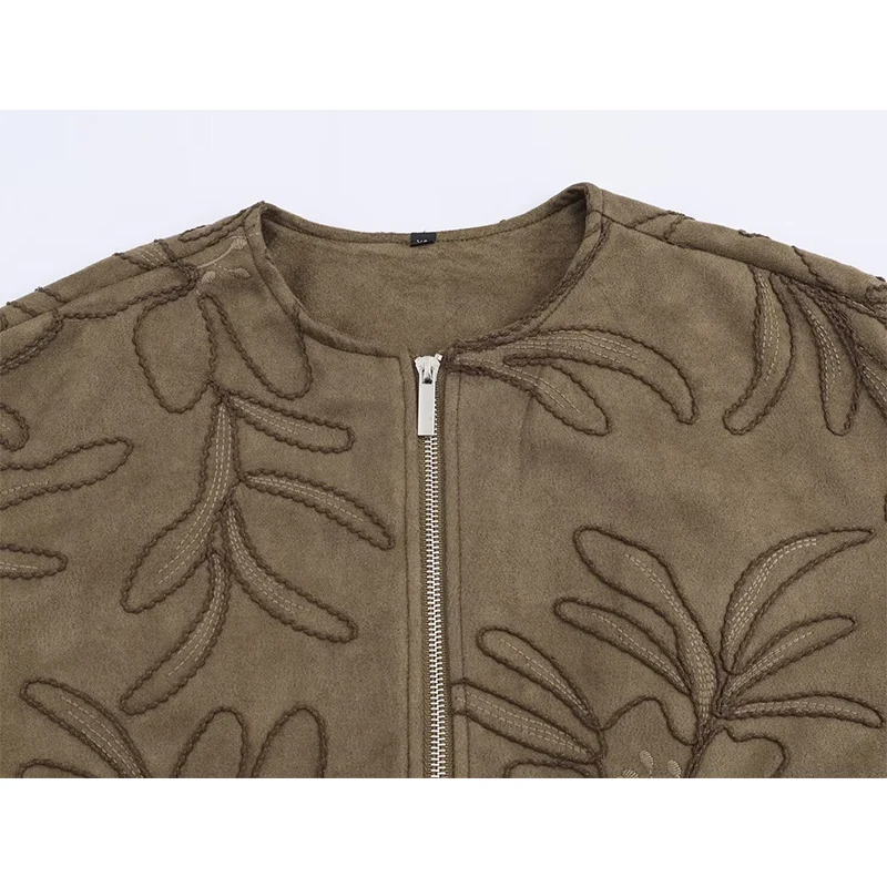 2025 Women Autumn Fashion Suede Embroidery Jacket Front Zipper Loose Bomber Jackets Coat Casual Long Sleeve Commuting Outerwear