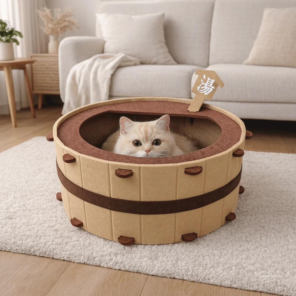 Funny Semi-Enclosed Bathtub Cat House Wear-resistant Comfortable Cat Bed Cave Barrel Shape Detachable Felt Cat Bed Sleeping