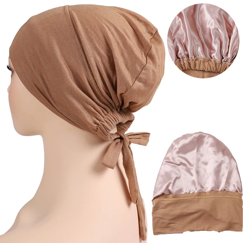 Muslim Headwear Hijab Hats Satin Lined Silk Inner Hijab Caps Muslim Women Jersey Elastic Tie Back Underscarf Modal Stretch Turban Bonnet Headwrap Turbante muslim headwear hijab hats