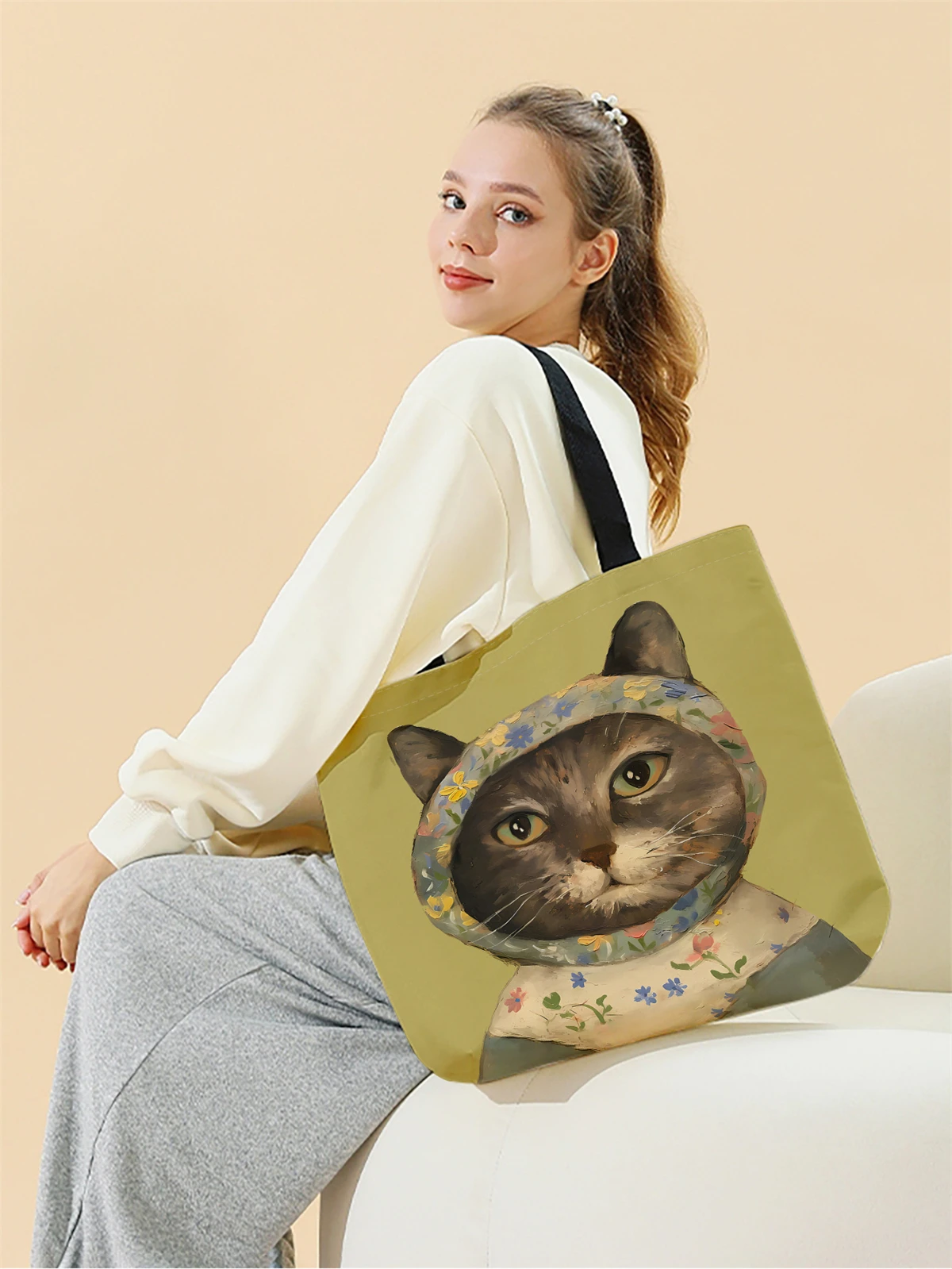 1pc,vintage oil painting cat handbag, reusable fashionable handbag, multifunctional handbag, printed canvas shopping bag