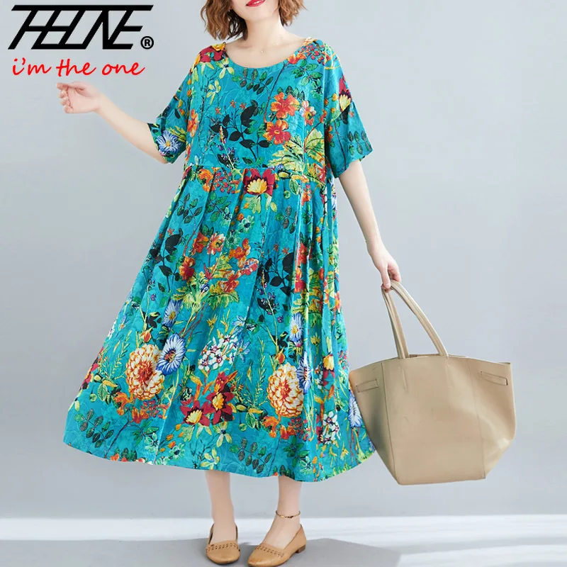 Oversize Summer Dress Women Boho Print Flower Plus Size 5XL 6XL Floral  Cotton Linen Long Casual Loose Beach Bohemian Birthday