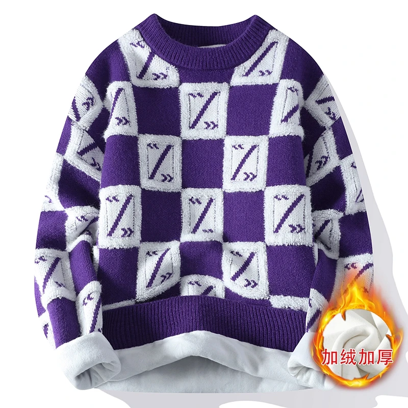 Men's Round Neck Sweater Autumn and Winter New Fashionable Printed Striped Plaid Long Sleeved Youth Popular Loose Sweater Tops