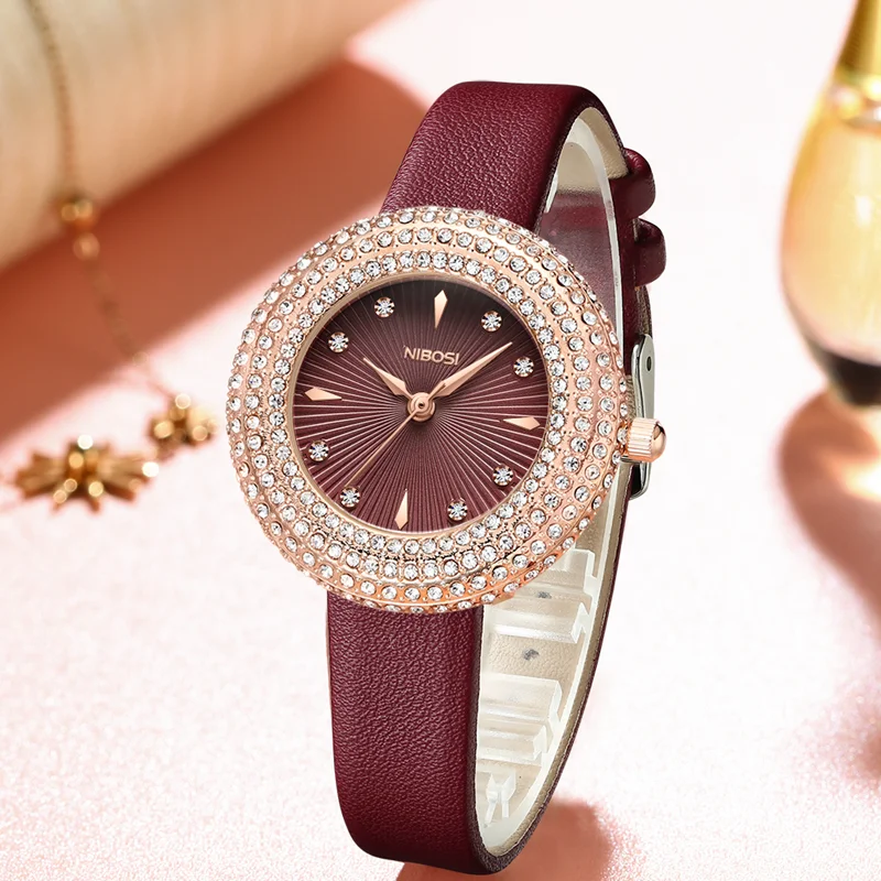 

NIBOSI Watches for Women Analog Female Watch with Diamond Stylish Leather Band Wrist Watch for Ladies Rose Gold Dial Girls Watch