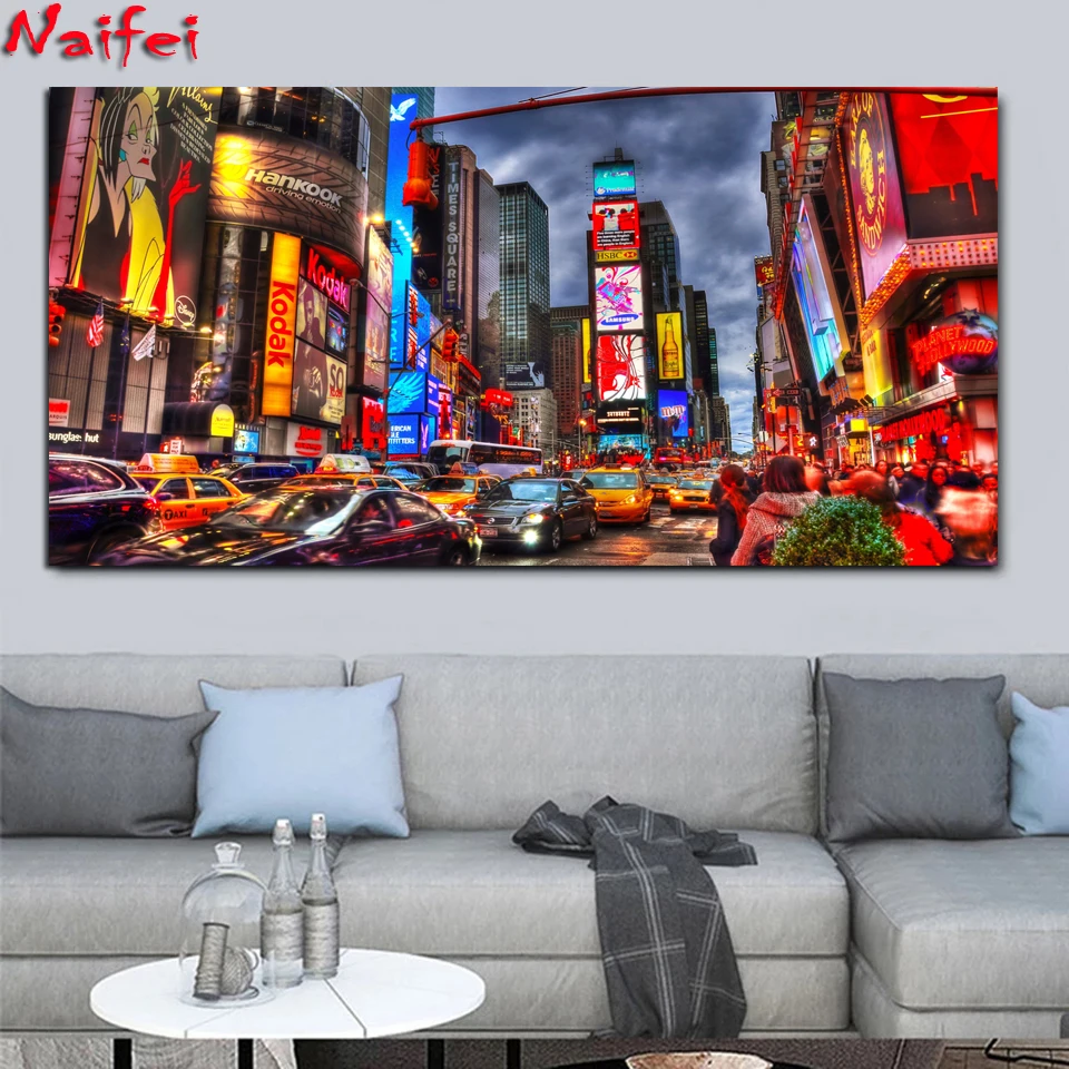 시간 광장 뉴욕 밤 대형 다이아몬드 페인팅 전체 다이아몬드 모자이크 추상 도시 풍경 사진 거실 장식 