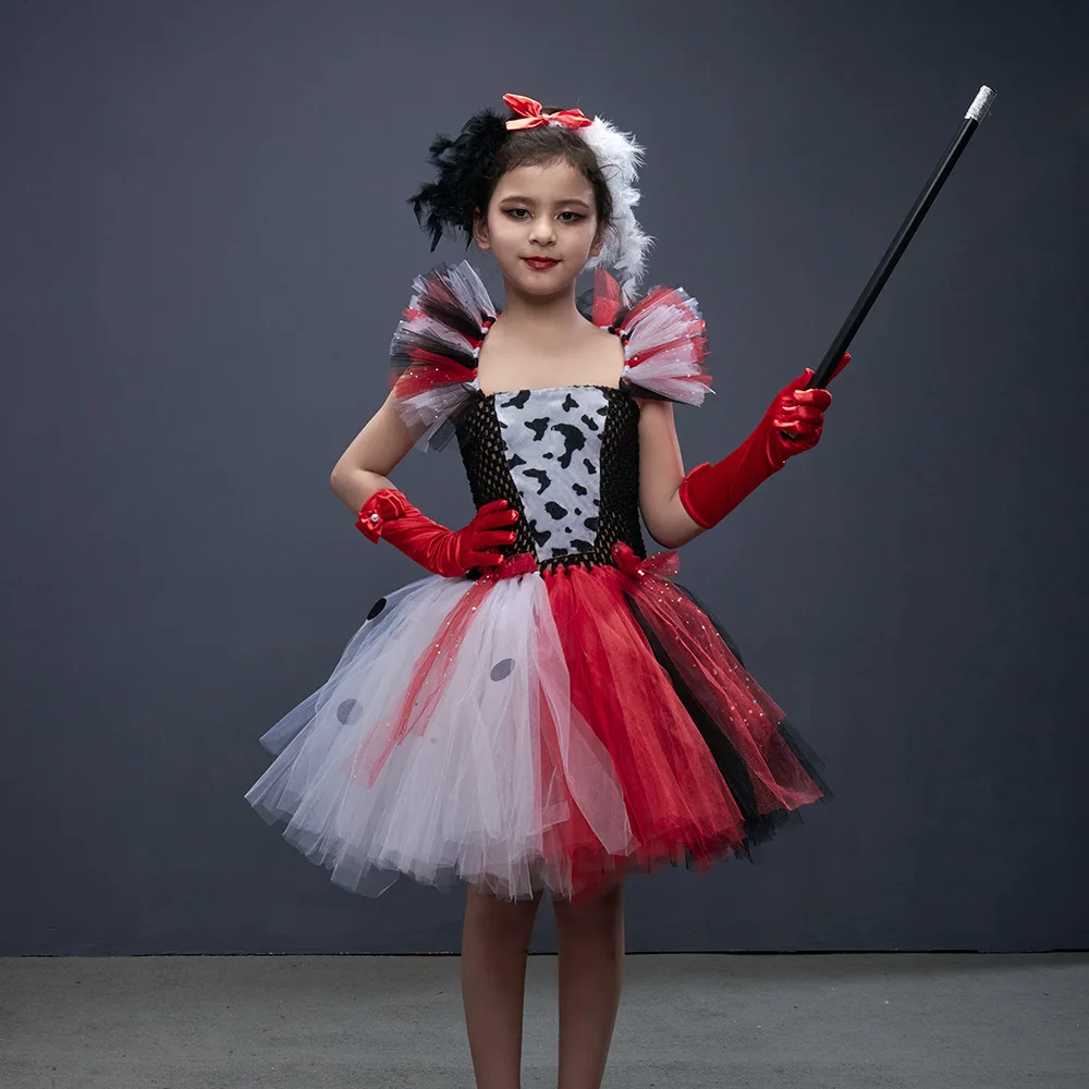 

Baby Girls Cruella Deville Tutu Dress for 101 Dalmatians Villain Halloween Costume Kids Vintage Polka Dots Cosplay Fancy Dresses