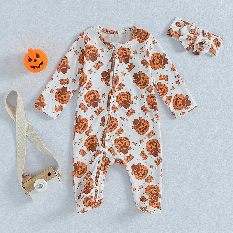 

Infant Baby Girls Halloween Crewneck Romper Long Sleeve Pumpkin Print Oblique Zipper Footed Jumpsuit with Headband For Newborn