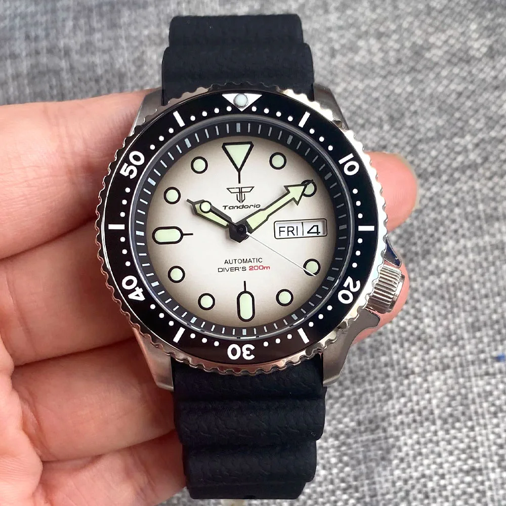 Relógio de Mergulho Automático Masculino Tandorio Mostrador Branco Moldura Rotativa Vidro Safira Data Semana Pulseira de Aço Nh36a 200m 41 mm 120 - Image 2