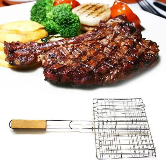 Bbq Grill Kosár Hordozható Grillező Kosarak Zöldségekhez Tábortűz Főző Berendezés Fa Fogantyúval Zöldséghúshoz - Image 5