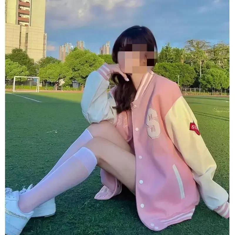 Description Picture 2 of itemVintagePreppy Style Fleece-Lined Pink Baseball Cap Women's Spring Autumn New Versatile Thickened Jacket Cardigan