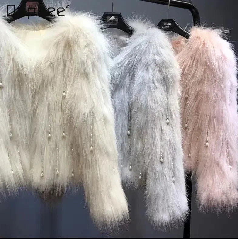 Elegant warm Pearls Furry Coat for Women Winter New Office Young Ladies Raccoon Fur Pearl Tassel Imitation Fox Fur Short Coats ripple islands lovely fox fur coats sweet girl pink jacket women s bowknot imitation fox fur short temperament ladies coat thick