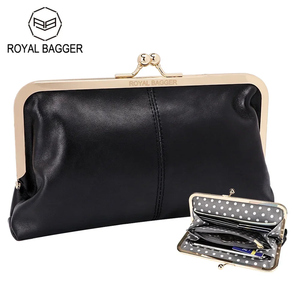 

Royal Bagger Kiss Lock Wallet Purse for Women Genuine Cow Leather Large Capacity Card Holder Elegant Clutch Phone Bag 1480