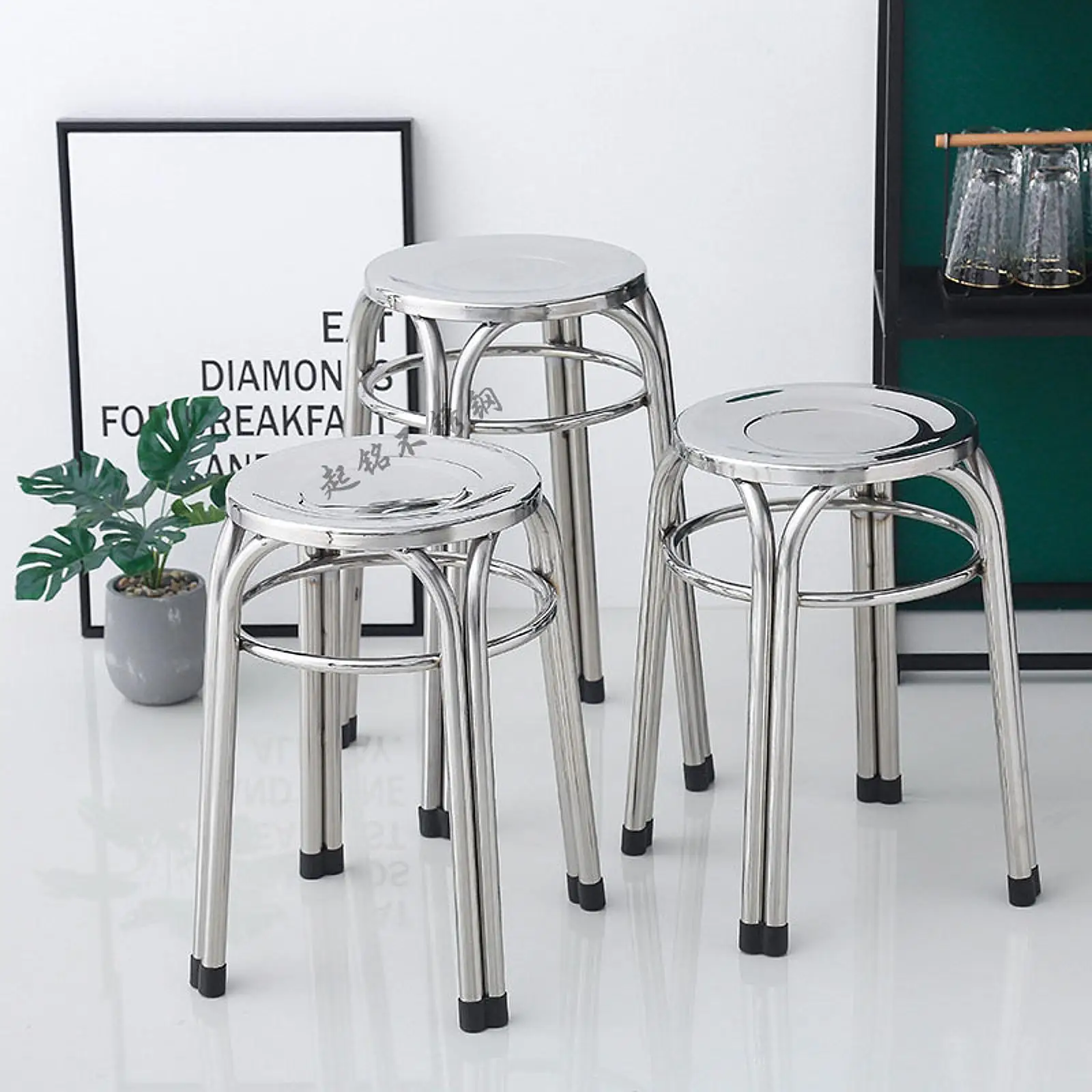 Round Metal Stool Non Slip Diameter 29Cm Easy Clean Stacking Stool Stainless Steel For Indoor Garden Dining Room Outdoor Kitchen