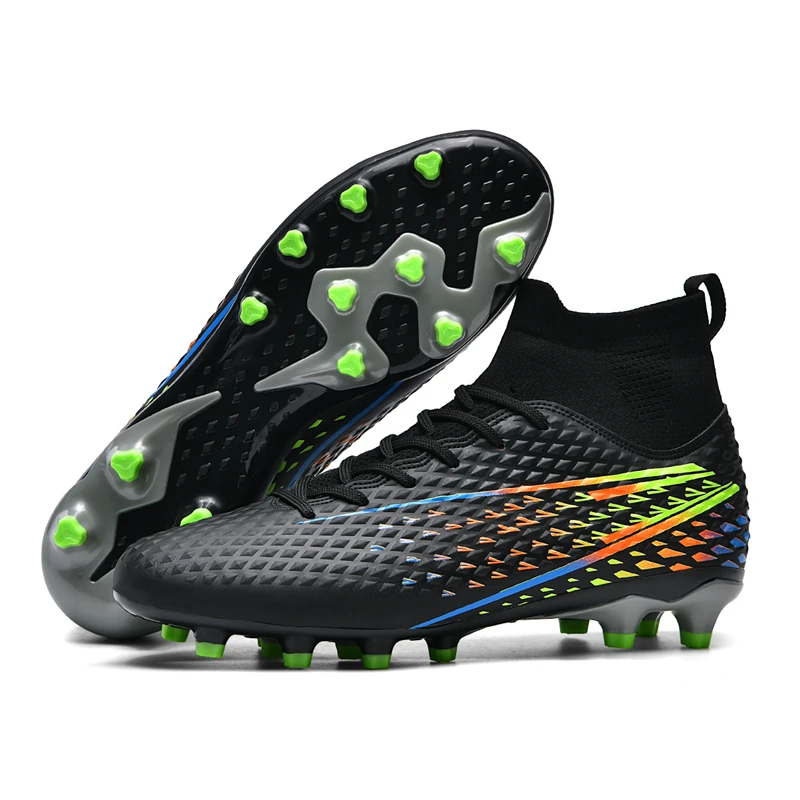 

Professional Men's Artificial Grass Soccer Cleats Black Print High Top Youth Futsal Shoes Outdoor Anti-slip Football Boots Men